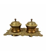 Antique Brass Double Inkwell with Ornate Design - £65.42 GBP