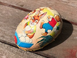 VTG Paper Mache Easter Egg Western Germany w Bunny Rabbits  3.5&quot;  - £9.45 GBP