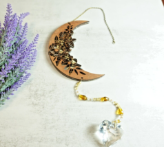 Floral Moon Suncatcher, Specked Gold and Wooden with sparkling beads - $35.14