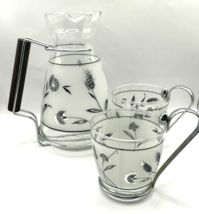 Mid-Century Libby Frosted Silver Leaf Pitcher Teak Handle and Two Glasses 1950&#39;s - £34.82 GBP