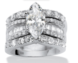 Marquise Cut Cz Bridal 3 Piece Ring Set Platinum Sterling Silver 6 7 8 9 10 - £238.46 GBP
