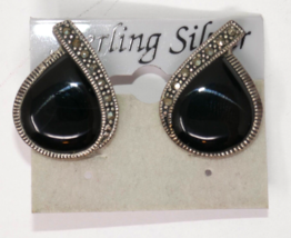 Sterling Silver 925 Black Onyx Marcasite Teardrop Clip On Earrings - $29.99