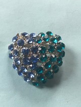 Small Light &amp; Aqua Blue Rhinestone Silvertone Domed Heart Pin Brooch – 1 inches  - £9.00 GBP