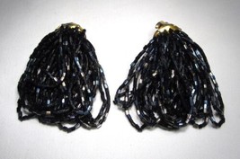 Vintage Dark Blue Iridescent Rainbow Beaded Dangle Clip Earrings C3732 - $34.65