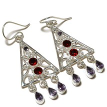 Brazilian Amethyst, Garnet Gemstone 925 Silver Overlay Handmade Dangle Earrings - £10.21 GBP