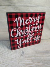 New &quot;Merry Christmas Y&#39;All&quot; Winter Holiday Wood Sign Red Buffalo Plaid Snowflake - £25.57 GBP
