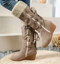 Women&#39;s Winter Beige Plush Knee High Lace Up Wedge Slip On Boots US6-9.5 - £45.89 GBP