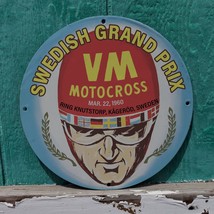 Vintage 1960 VM Moto Cross Swedish Grand Prix Porcelain Gas &amp; Oil Pump Sign - £99.60 GBP