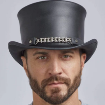 El Dorado Men&#39;s Top Hat Black with Chain Hat Band Handmade 100% Genuine Leather - £30.89 GBP+