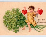 Cupid With Roses Riding Four Leaf Clovers To My Valentine Embossed Postc... - $9.76