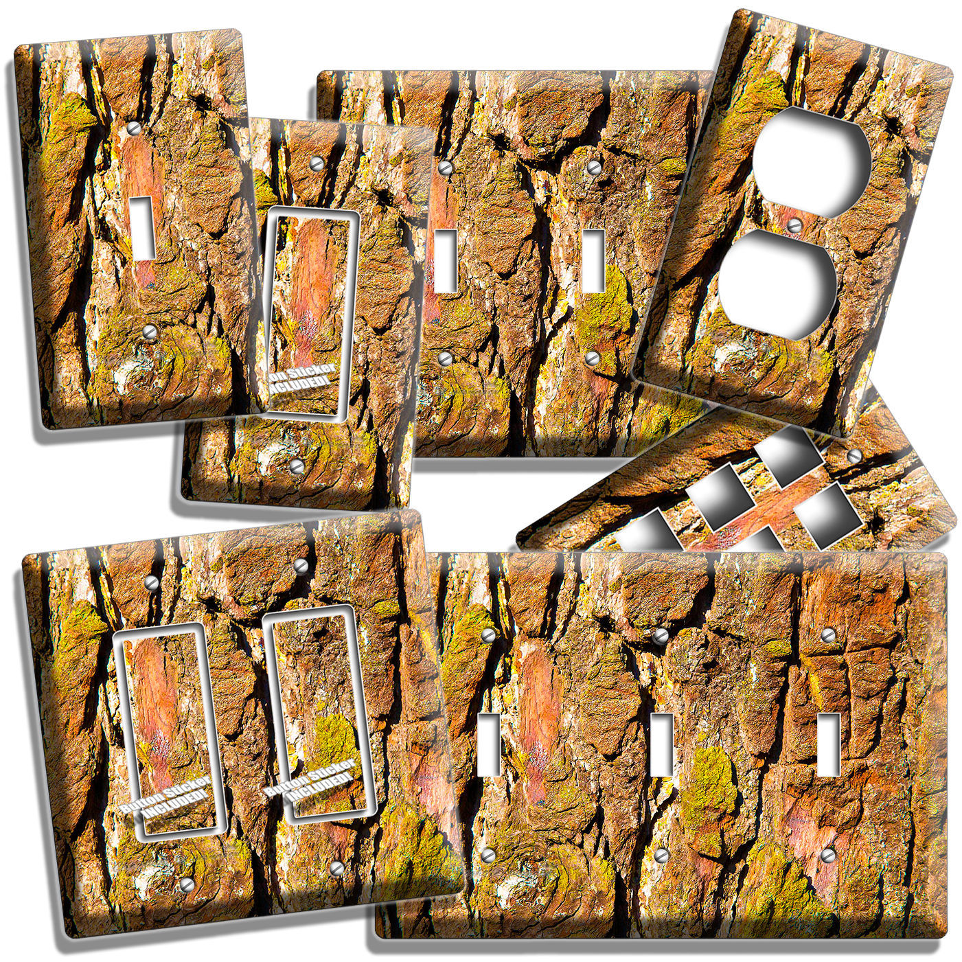 RUSTIC TREE BARK CRACKED WOOD FLAKES LIGHT SWITCH OUTLET WALL PLATE ROOM DECOR