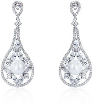 Elegant Marquise Shape Cubic Zirconia Womens Wedding Long Earrings Pearl White - £83.88 GBP