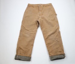 Vtg Carhartt Mens 38x32 Distressed Flannel Lined Wide Leg Dungaree Pants Brown - £70.97 GBP