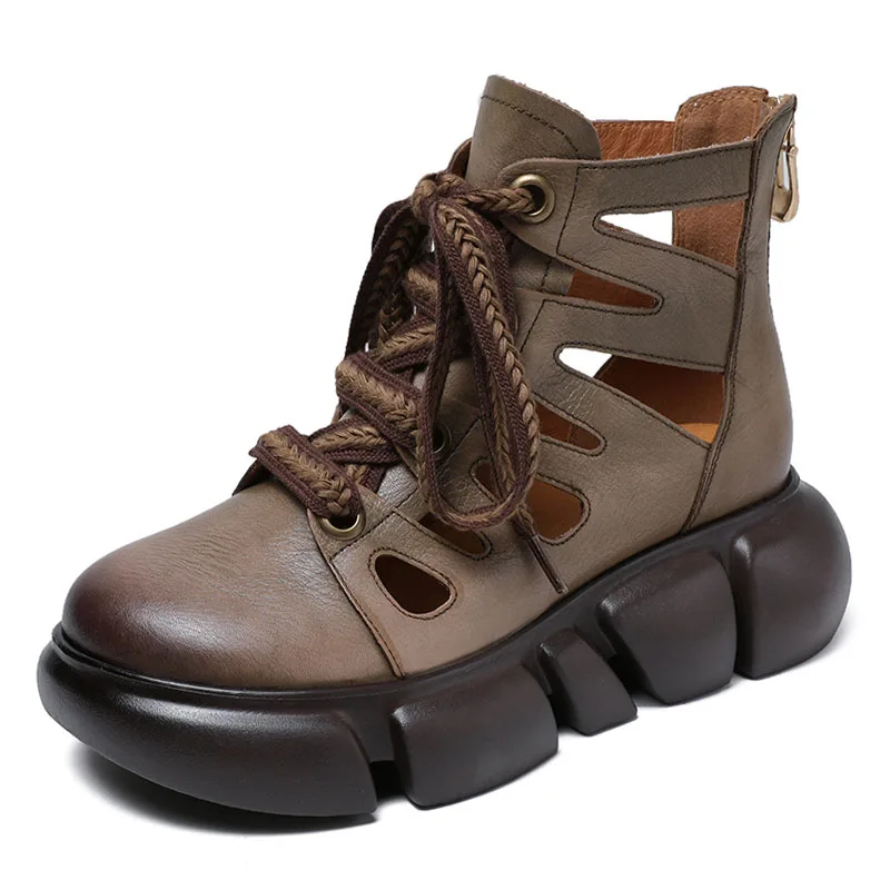 Handmade Summer Women Boots Wedges Platform Breathable Cool Ankle Boots Women Re - £92.71 GBP