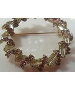 Vintage Gold-tone Baguette Rhinestone Brooch Wrapped W/Purple Chaton Rhi... - $40.84
