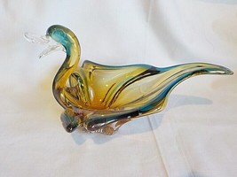 Vintage MURANO Glass Duck Bowl Candy Dish Long Tail Amber w/ Blue Highli... - £23.46 GBP