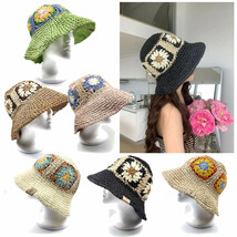 Flower Crochet Foldable Straw Bucket Hat - £14.09 GBP