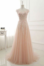 Elegant Pear Pink Tulle Long Prom Dresses Evening Dress with Appliques - £125.46 GBP