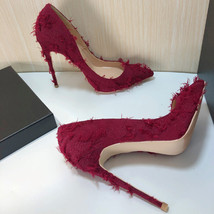 Burdy Women Distressed Tassels Fabric Stilettos High Heels Pointy Toe Pumps Chic - £59.87 GBP