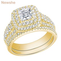 Rose Yellow Gold Wedding Ring Set For Women Halo Princess Cross Cut CZ 925 Sterl - £59.15 GBP