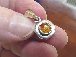 (p14-15) round golden Orange AMBER + square 925 Sterling SILVER PENDANT necklace - £14.06 GBP