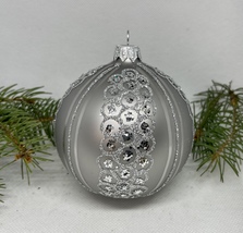 Silver with silver glitter glass ball XMAS ornament, handmade XMAS decoration - £10.24 GBP