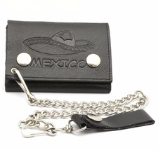 Trifold Black Leather Biker Chain Wallet Embossed &quot;Mexico&quot; Sombrero Hat - £13.36 GBP