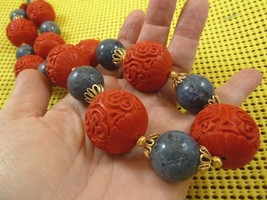(v499) Huge Red Cinnabar carved wood + blue New Zealand Coral bead 32&quot; Necklace - £218.43 GBP