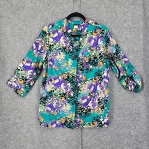 Salon Studio Blouse Women Medium Green Purple Floral Button-Down Roll Ta... - $11.11