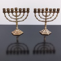 Pair Vintage Judaica Hanukkah Jewish Art Small Menorah 7 Arms Solid Brass Israel - £36.68 GBP