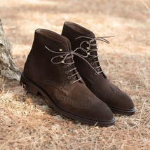 Handmade Men brogue suede ankle boots, Men wingtip Brown suede dress boots - €111,47 EUR+