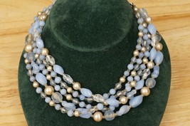 Vintage Costume Jewelry Japan Blue Glass Faux Pearl Beaded Bib Necklace 14-16&quot; - £27.17 GBP