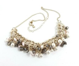 Liz Claiborne Faux Pearl Beaded Ribbon Gold Tone Cluster Necklace  - £12.39 GBP