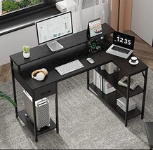 L-Shaped Black LED Lights Power Outlets Reversible Computer Desk w/ Shelves - £178.04 GBP