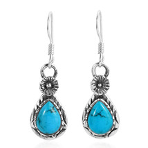 Classic Chic Teardrop Blue Turquoise &amp; Flower Sterling Silver Dangle Earrings - £14.67 GBP