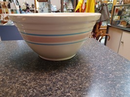 Vtg MCM McCoy Pottery Large 12&quot; Oven Ware Mixing Bowl Pink Blue Stripe B... - £46.51 GBP