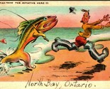 Comic Anamorphic Fish Take the Initiative Here Fishing 1947 Postcard - $4.90