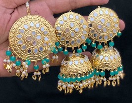 Mirror Rajasthani Jaipuri Gold Plated Tikka Earrings Jewelry Set Bridal Torqoise - £22.36 GBP