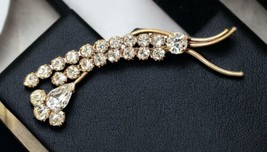 Vintage Copper and Clear Rhinestone Floral Wheat Spray Design Brooch Pin - $29.68