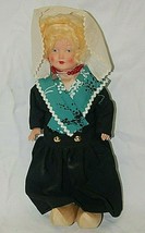 Dutch Doll Hand Carved Wooden Shoes Beaded Necklace Traditional Dress 11&quot; Tall - £31.28 GBP