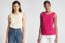 Gap Women Pink Off White Tie Strap Open Stitch Cotton Crochet Tank Top XS S M L - £19.97 GBP