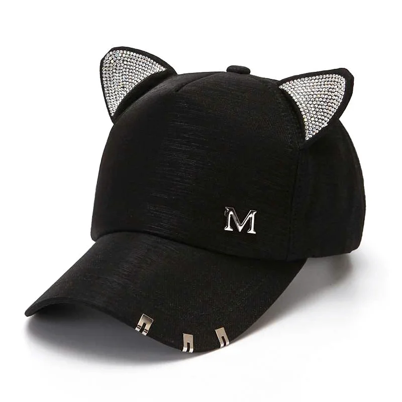 New Women&#39;s Summer Fall Black White Pink Hat Cat Ears Baseball Cap with Rings - £13.25 GBP