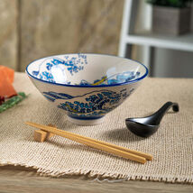 Great Wave Of Kanagawa Ceramic Ramen Bowl Soup Spoon Chopsticks And Rest... - $33.99
