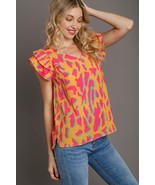 Umgee Full Size Abstract Print V-Neck Double Layer Ruffle Sleeve Blouse ... - $65.85 CAD+