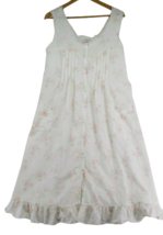M L Elise Stevens Lawn Cotton Pink Roses Night Gown Pockets Eyelet Cottage vtg - £33.34 GBP