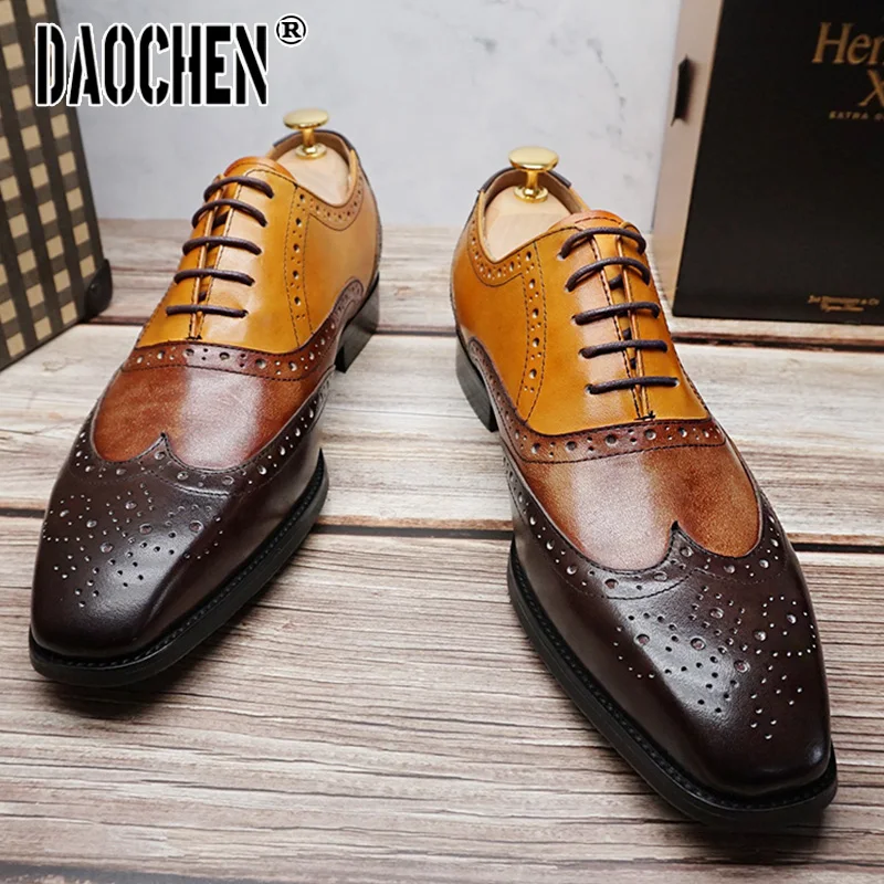 Fashion  Men Ox Shoes Brogues  Up Pointed Mixed Color WingTip Mens Dress Leather - $208.20