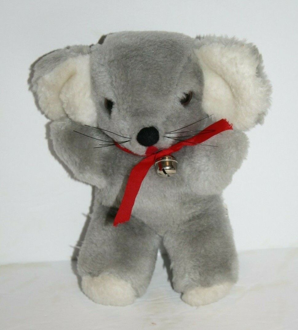 CS Intl 7" Plush Gray CHRISTMAS Mouse Red Ribbon Bell Soft Toy Small Doll VTG - $14.52