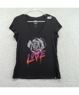 Life Is Good Womens Love T Shirt Size Small Rose Black V Neck Top Stitched - £11.67 GBP