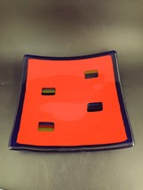 Vintage Fused Art Glass Blood &amp; Cobalt Square Dish 8.25&quot; A Thing Of Beauty - £22.92 GBP