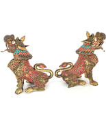 2 Vintage Fu Dog Lion Coral Turquoise Inlay Sculpture Gild Filagree Foo ... - £574.12 GBP